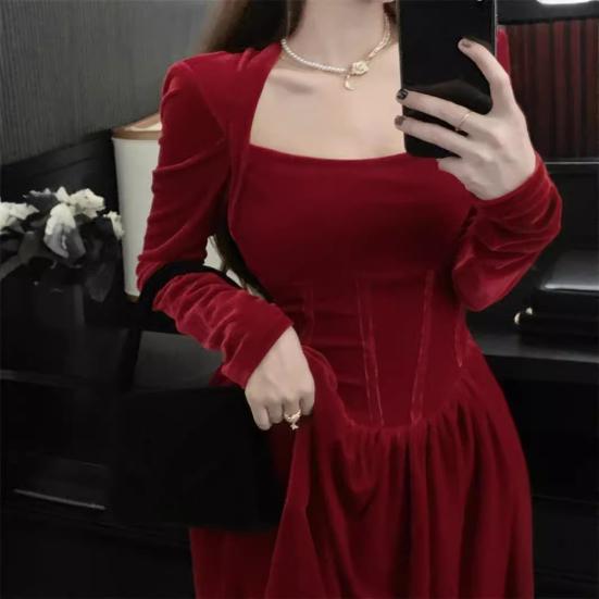 Women Dress Square Neck Pleated A-line Long Sleeves Pleated Slim Waist Velvet Mini Dress Prom