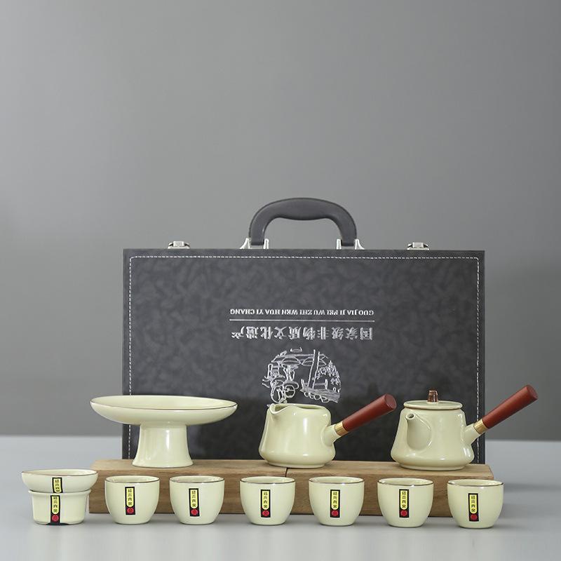 Ru kiln ceramic kung fu tea set, simple home office meeting guests, double-sided anti-scalding teapot, teacup cover bowl