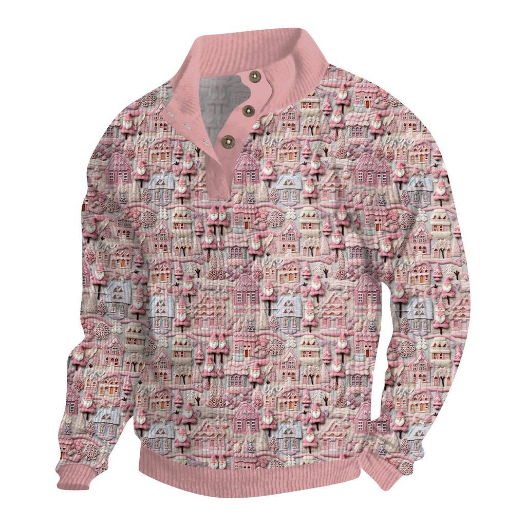 Men's Christmas Cotton Pullover Long Sleeve Outdoor Shirt Vintage Corduroy Button Stand Collar Shirt Casual Sweatshirt Christmas Print Top