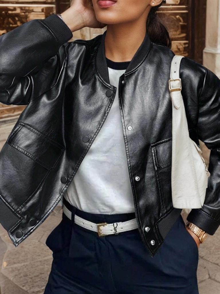 Rose Beauty A Street пряжка передний клапан карманы бейсбольный воротник свободный искусственная кожа повседневная мотоциклетная куртка пальто для женщин