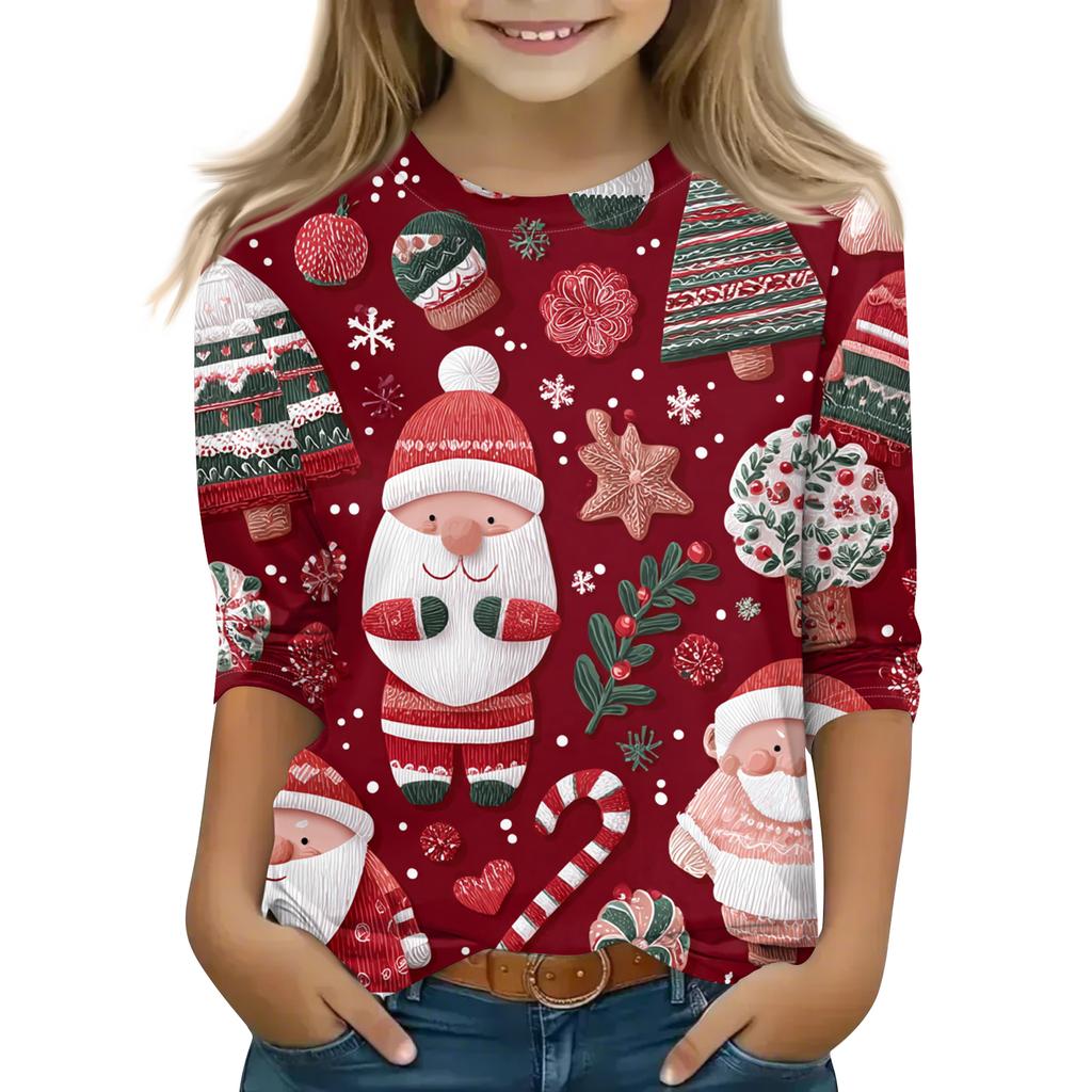 Children's 3/4 Sleeve Round Neck Top Christmas Tree Printed Everyday Casual Top