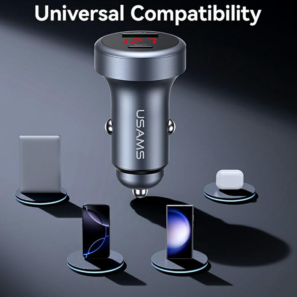 USAMS CC327 C44 USB-A + Type-C Dual Port Car Charger 45W Fast Charging Aluminum Alloy Power Adapter with Voltage Display