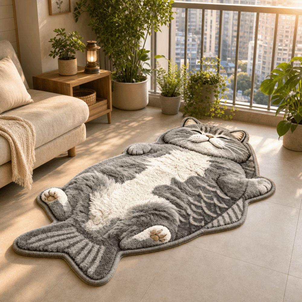 Easy to Clean Fish-Shaped Area Rug Non-Slip Cartoon Cat Carpet Funny Home Decor Carpet Bedrooms