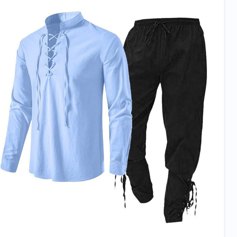 Мужской костюм средневекового рыцаря, пиратские рубашки для косплея эпохи Возрождения, брюки с окантовкой на щиколотку для Хэллоуина, одежда из хлопчатобумажной льняной ткани