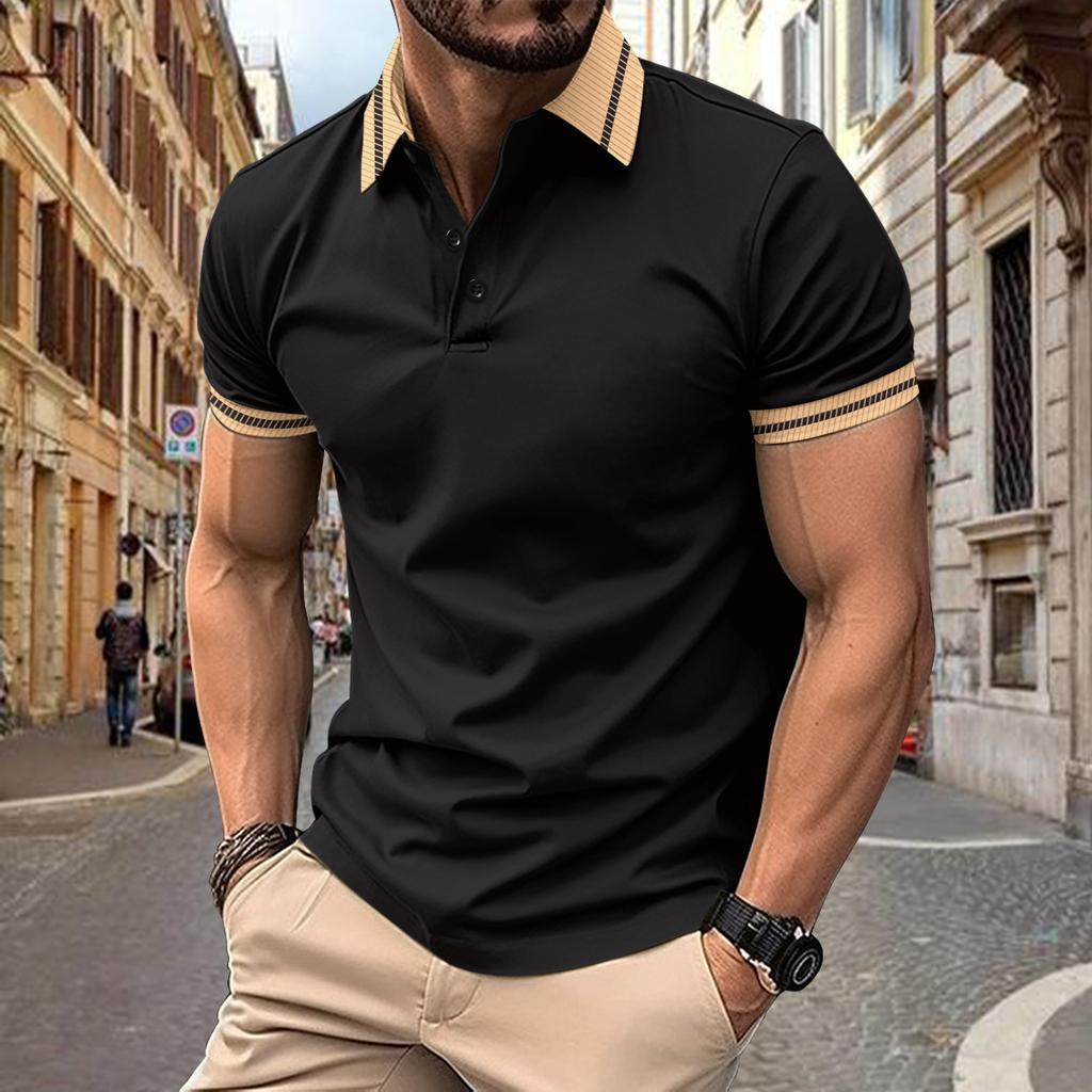 Men's Fashion Polo Shirt Colour Blocking Buttons Top Men's Sports Polo Shirt New Short-sleeved Body Shirt