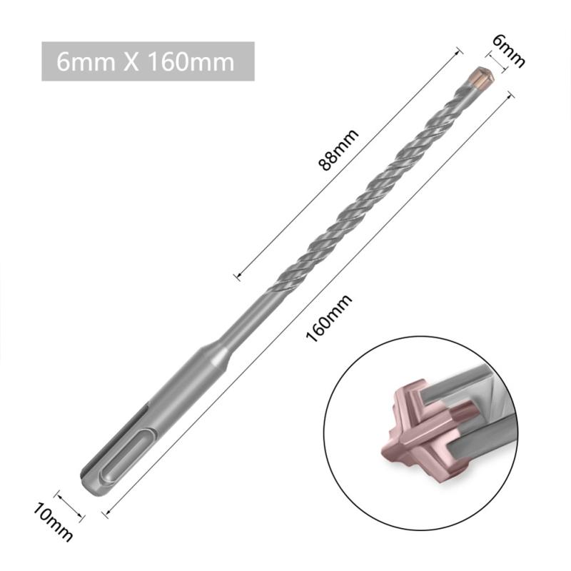5 Pcs Electric Hammer Cross Impact Drill Bit Set 2-slot Round Shank Cross Tips For Concrete Wall