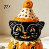Halloween Souvenir Collection Black Cat Pumpkin Figurine, Cute Spooky on Hand Painted Craft Gift Resin Statue for Home Party Shelf Fireplace Tabletop