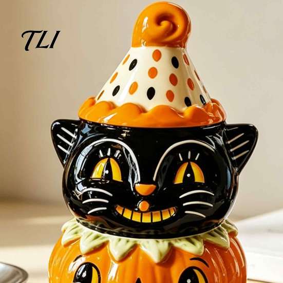 Halloween Souvenir Collection Black Cat Pumpkin Figurine, Cute Spooky on Hand Painted Craft Gift Resin Statue for Home Party Shelf Fireplace Tabletop