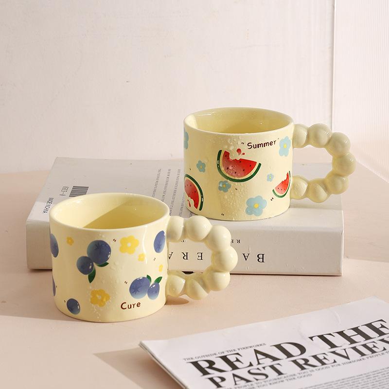330ML Japanese Style Ceramic Coffee Cup Cute Fruit Pattern Milk Tea Cup Water Mug with Anti-slip Handle Coffee Cup Birthday Gift