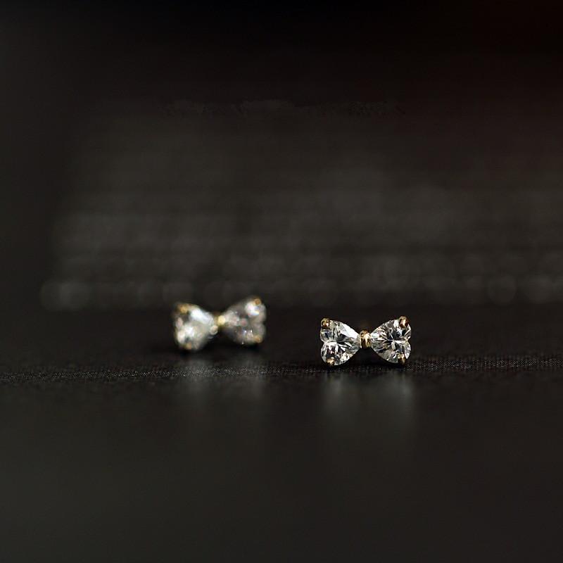 925 Sterling Silver Plating 14k Gold Inlaid Crystal Simple Bow Earrings Women Small Cute Student Girlfriends Jewelry Accessories