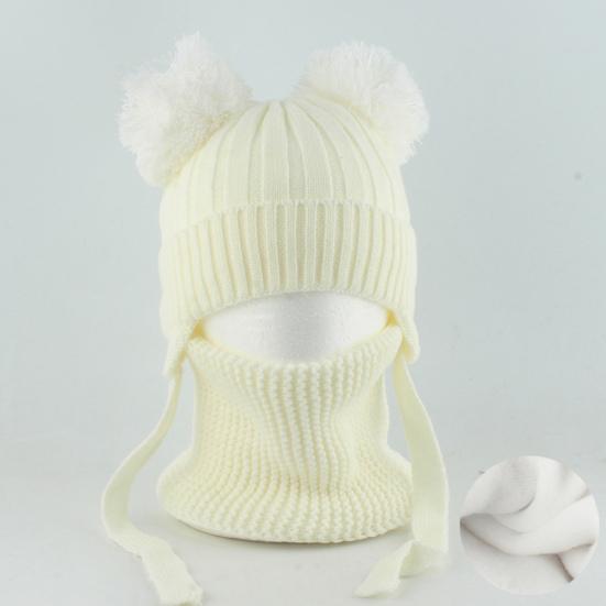 2 шт./набор Детская зимняя шапка и шарф Набор Декор плюшевым помпоном Однотонный Плюшевая подкладка Вязаная шапка Теплый комплект шарфа