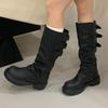 Vintage Design Narrow Band Buckle Strap Women Knee-High Boots Fashion Round Toe Square Low Heels Shoes