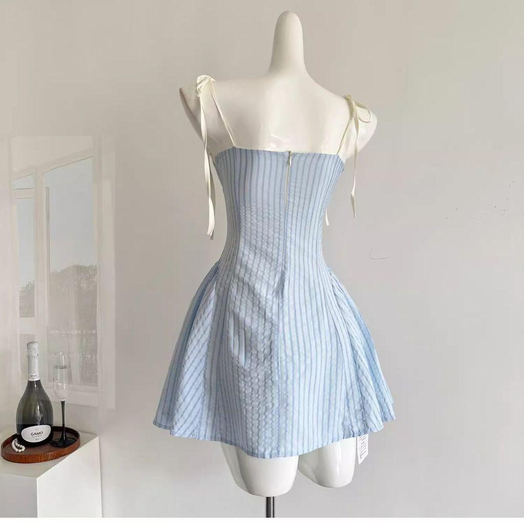 Summer Womens Blue Striped Lace Trim Aline Dress With Waist Tie For Casual Wear