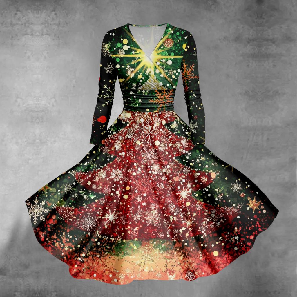 Женское облегающее платье свободного кроя с принтом рождественской елки и снежинок, V-образным вырезом и длинными рукавами