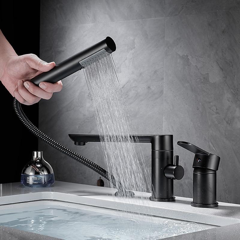 Матовый золотой широко распространенный смеситель для раковины в ванной комнате, цельнолатунный смеситель для раковины, горячий и холодный, кран для умывальника, 3 отверстия с распылителем, черный