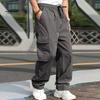 Men Cargo Pants Multi Pockets Drawstring Elastic Waist Solid Color Loose Wide Leg Straight Soft Streetwear Full Length Men Long