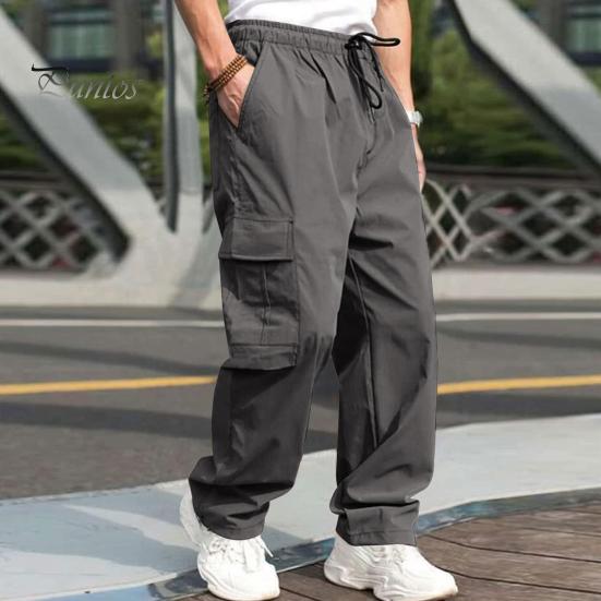 Men Cargo Pants Multi Pockets Drawstring Elastic Waist Solid Color Loose Wide Leg Straight Soft Streetwear Full Length Men Long