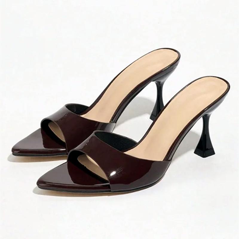 Fashion Sexy Pointed Toe Patent Leather 8CM Strange Thin Heels Slippers Women Summer Comfortable Slide Sandals Elegant Mules Flip Flops