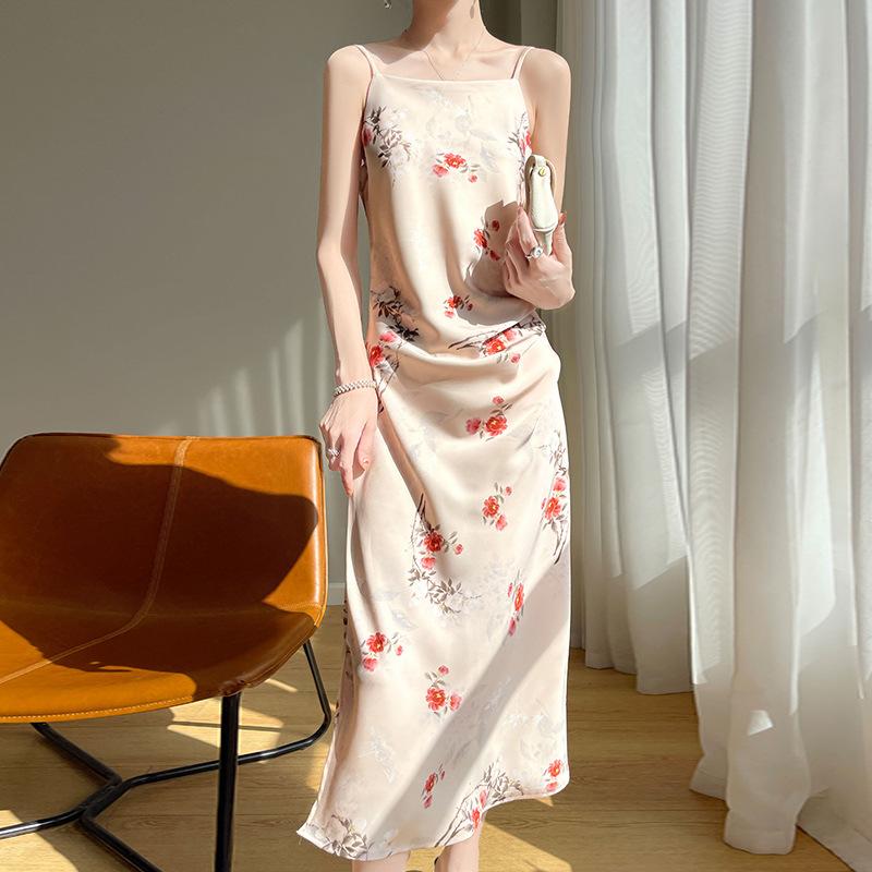 Silk Acetate Satin One-line Neck Halter Dress Split Slim Floral Long Dress Spring Summer