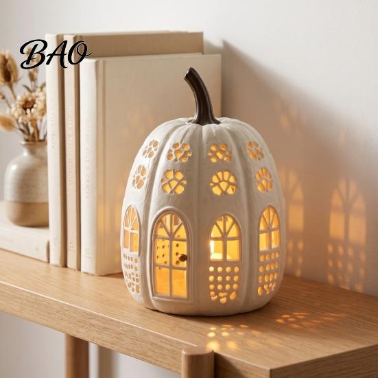Decorative Pumpkin Sculpture Lighted Cottage Ornament, Flickering Tabletop Lamp, Light-Up Small Desktop Ornament for Autumn Farmhouse Fall Centerpiece