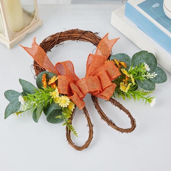 Венок пасхального кролика из ротанга, плетеный в форме кролика, венок с бантом, искусственная зелень для камина, двери, стены, окна, декор