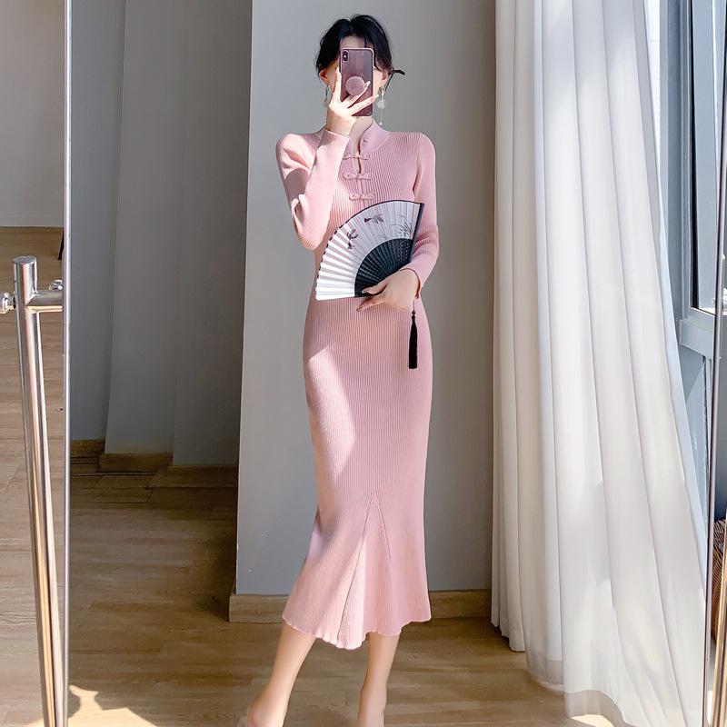 Осенне-зимнее ретро китайское платье ципао «рыбий хвост» вязаное для женщин