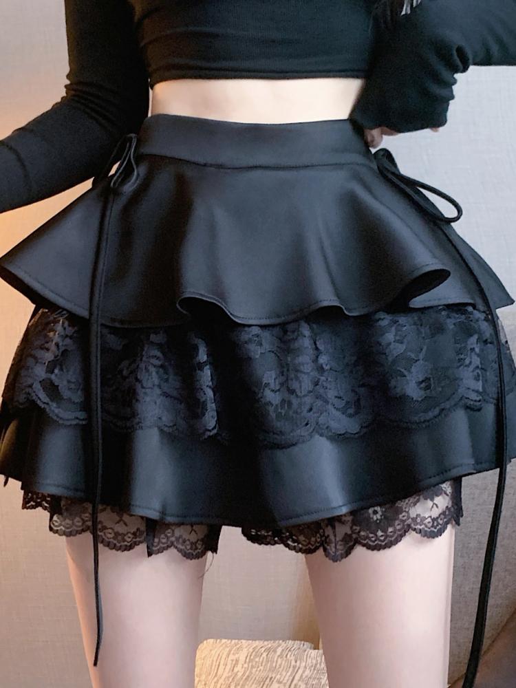 Pink Vintage Sweet Mini Skirt Women Lace-up Japanese Lolita Kawaii Cake Skirt Female Lace Korean Cute Fairy Skirts Autumn 2024