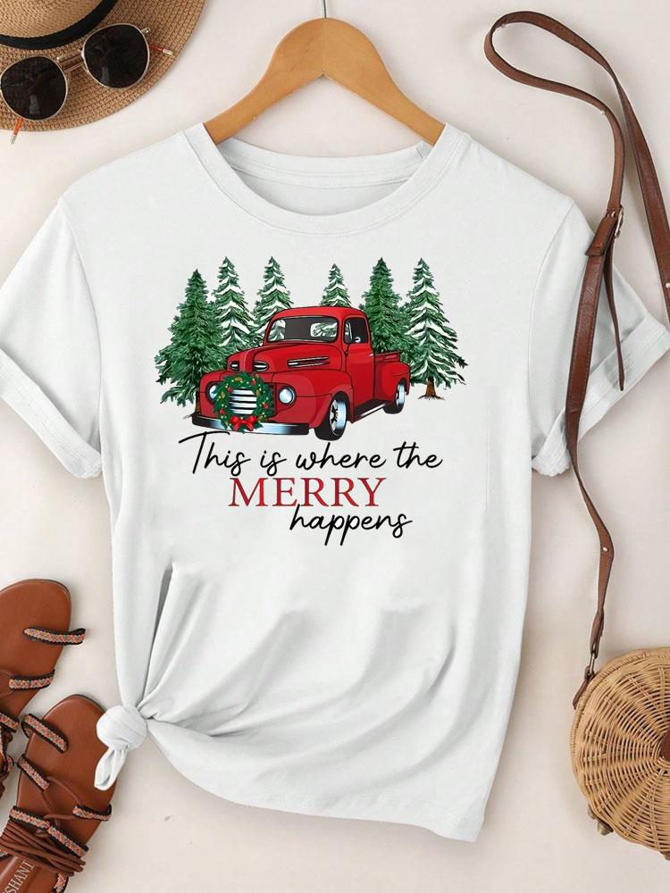 (Азиатский размер)  С Рождеством Футболка Топ фестиваль Новый год Праздник Повседневный милая надпись милый 90-е Женский принт Леди Короткий рукав Модные графические футболки