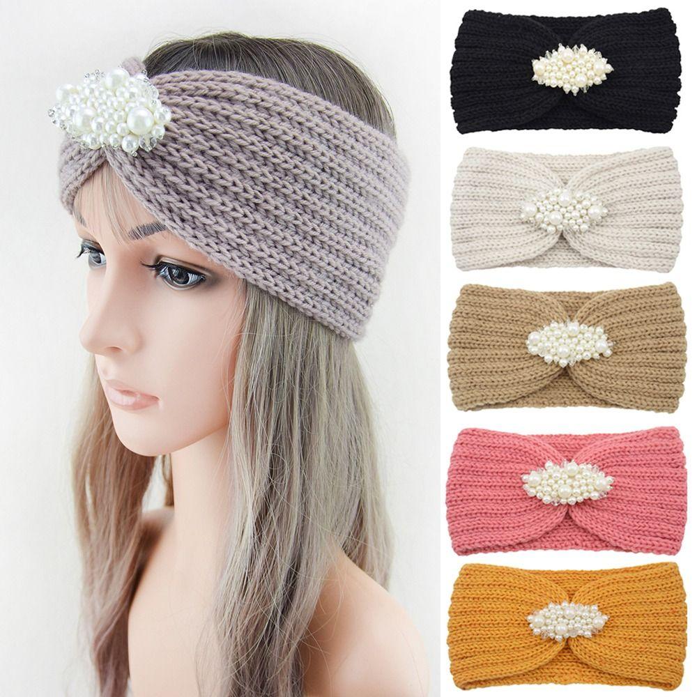 Жемчужный подогреватель ушей Вязание крючком Вязание спицами Тюрбан Повязка на голову Широкая повязка на волосы Вязаные повязки на голову