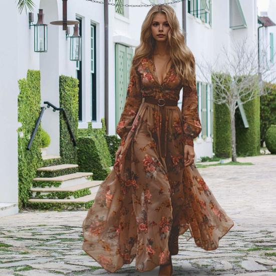 Spring Fall Dress V Neck Digital Floral Print Pleated A-line Maxi Dress Long