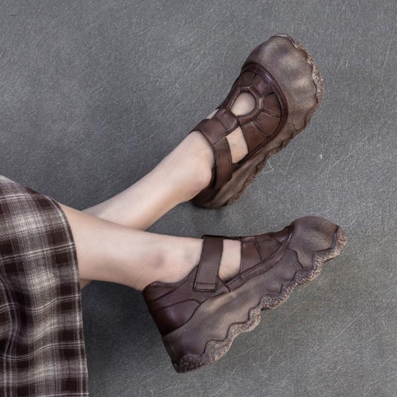 Johnature Thick Soled Retro Anti Slip Women's Flat Shoes Genuine Leather Versatile Roman Sandals