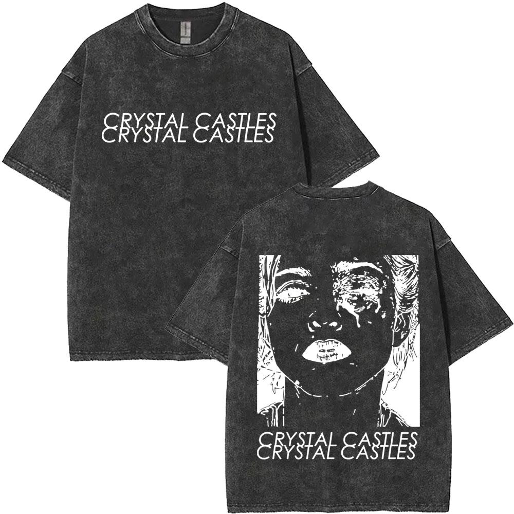 Стирка Винтажная Графическая Футболка Crystal Castles Мужская Женская Ретро Готик Рок Оверсайз Футболки Мужские Высококачественные Хлопковые Футболки