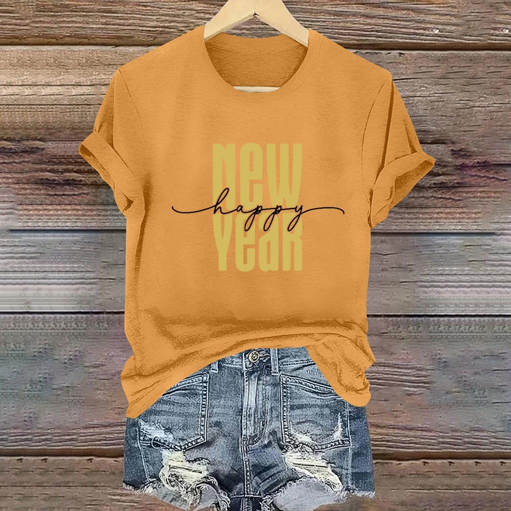 Women's Long Sleeve Round Neck T-Shirts 2025 New Year Print Puff Sleeve Shirts Button Blouses Tops