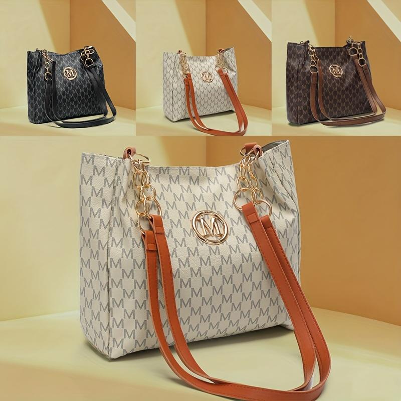 Женская сумка из ПУ в винтажном стиле с принтом буквы 'M' и фурнитурой 'M' - Большая сумка-тоут, застежка-молния, машинная стирка, ретро-кошелек