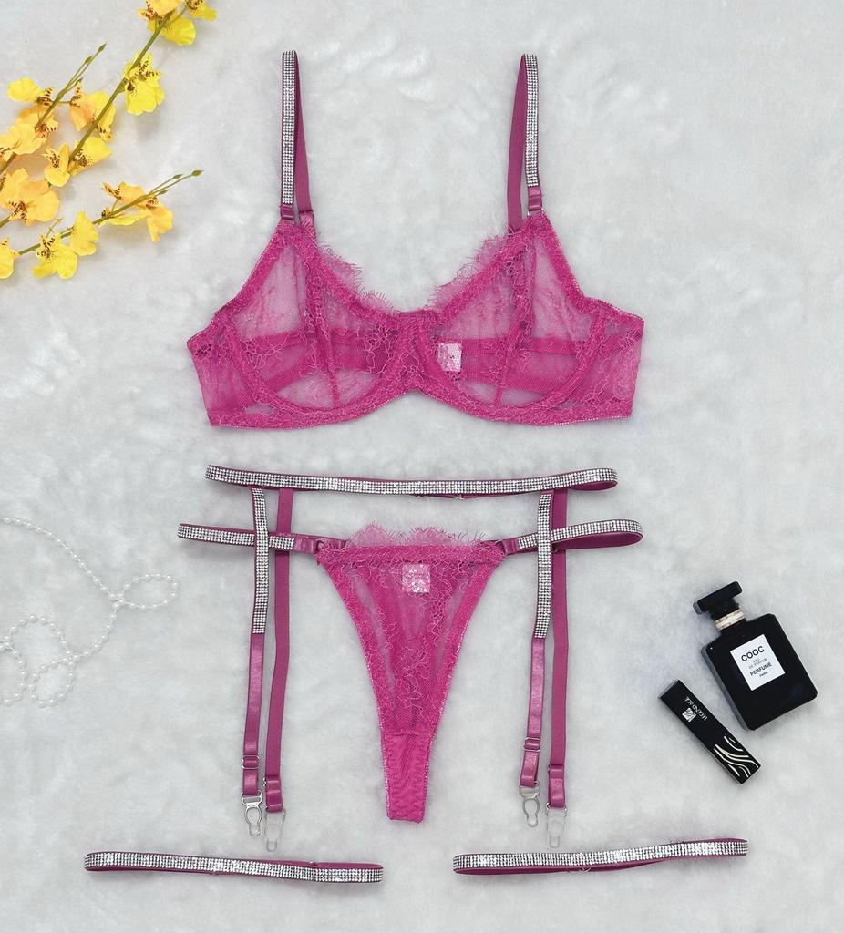 Хит продаж Европейский и Американский Сексуальный Кружевной Комплект Стринги с Бриллиантами и Подвязки - 4 предмета