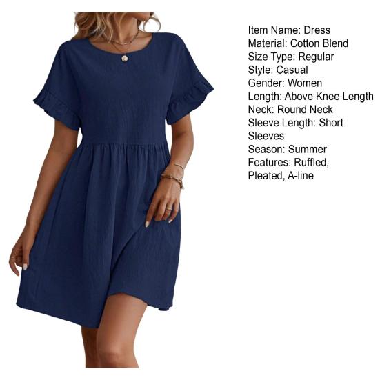 Летнее мини-платье с оборками, короткими рукавами, О-образным вырезом, плиссированное платье А-силуэта, однотонное платье со свободным подолом для свиданий, шопинга, путешествий