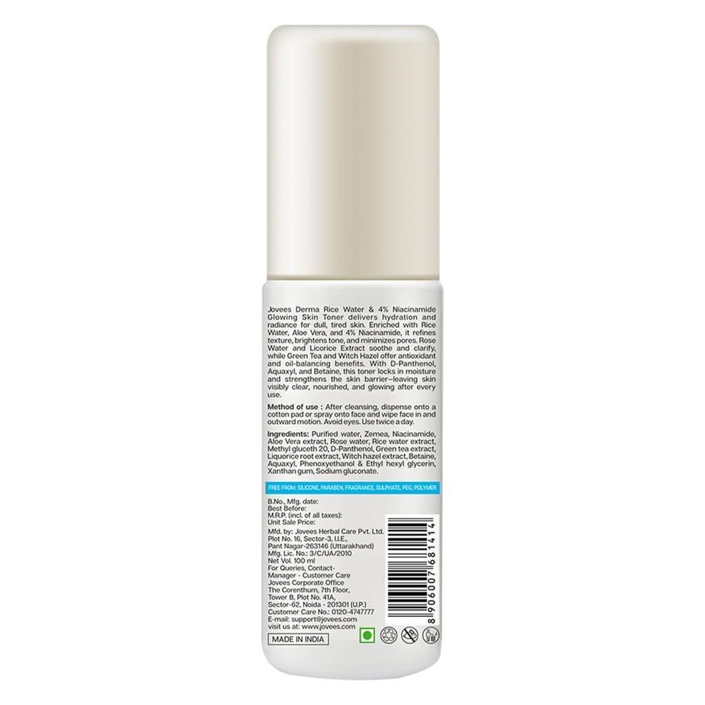 Jovees Derma 4% Ниацинамид Тонер с рисовой водой для сияния стеклянной кожи Увлажняющий Контроль над несовершенствами Сужающая поры Мист Нормальная к сухой коже 100мл