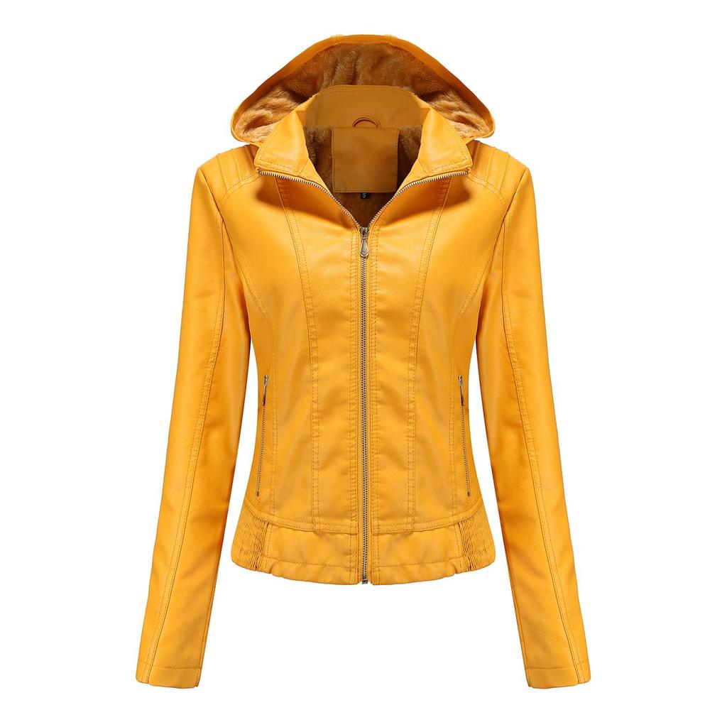 Осенне-зимняя куртка из кожи с капюшоном для женщин со съемным капюшоном плюс бархатная кожаная куртка приталенная куртка