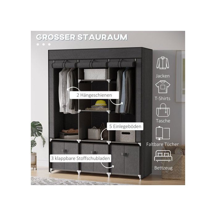 Тканевый шкаф - HOMCOM - Складной - 125x43x162,5 см - 3 ящика - Темно-серый