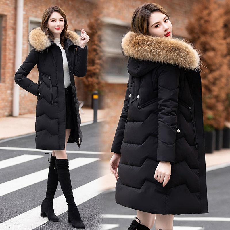 Пуховик женский средней длины и длинный новый приталенный с меховым воротником теплый пуховый утолщенный зимний