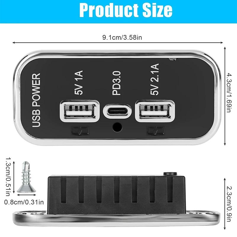 НОВАЯ 3-портовая 12-вольтовая USB-розетка 3,1 А, двойной порт USB A и порт USB C PD3.0, автомобильная розетка для быстрой зарядки для автомобиля, мотоцикла, морского грузовика