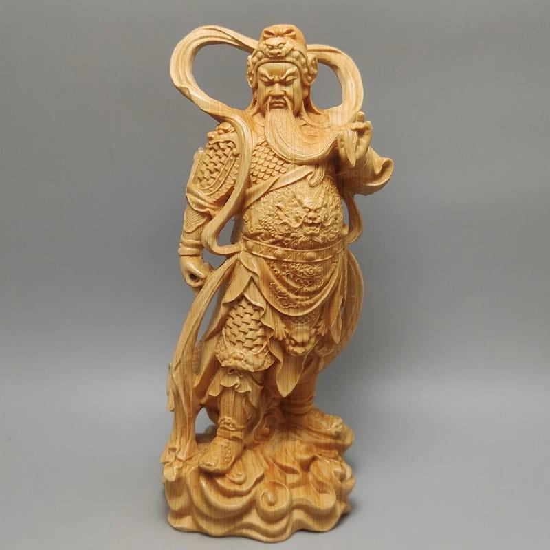 Natural Solid Wood Guan Gong Statue, Wei Tuo Protectors, Home Carving, Office, Feng Shui Figure