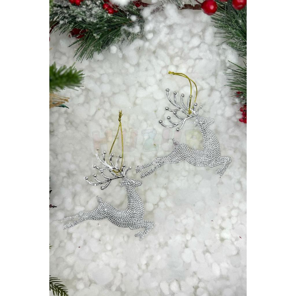 2 Pieces Running Deers Christmas Tree Ornament Silver Gray Colored Deer 11x13 Cm New Year Pine Tree Ornament