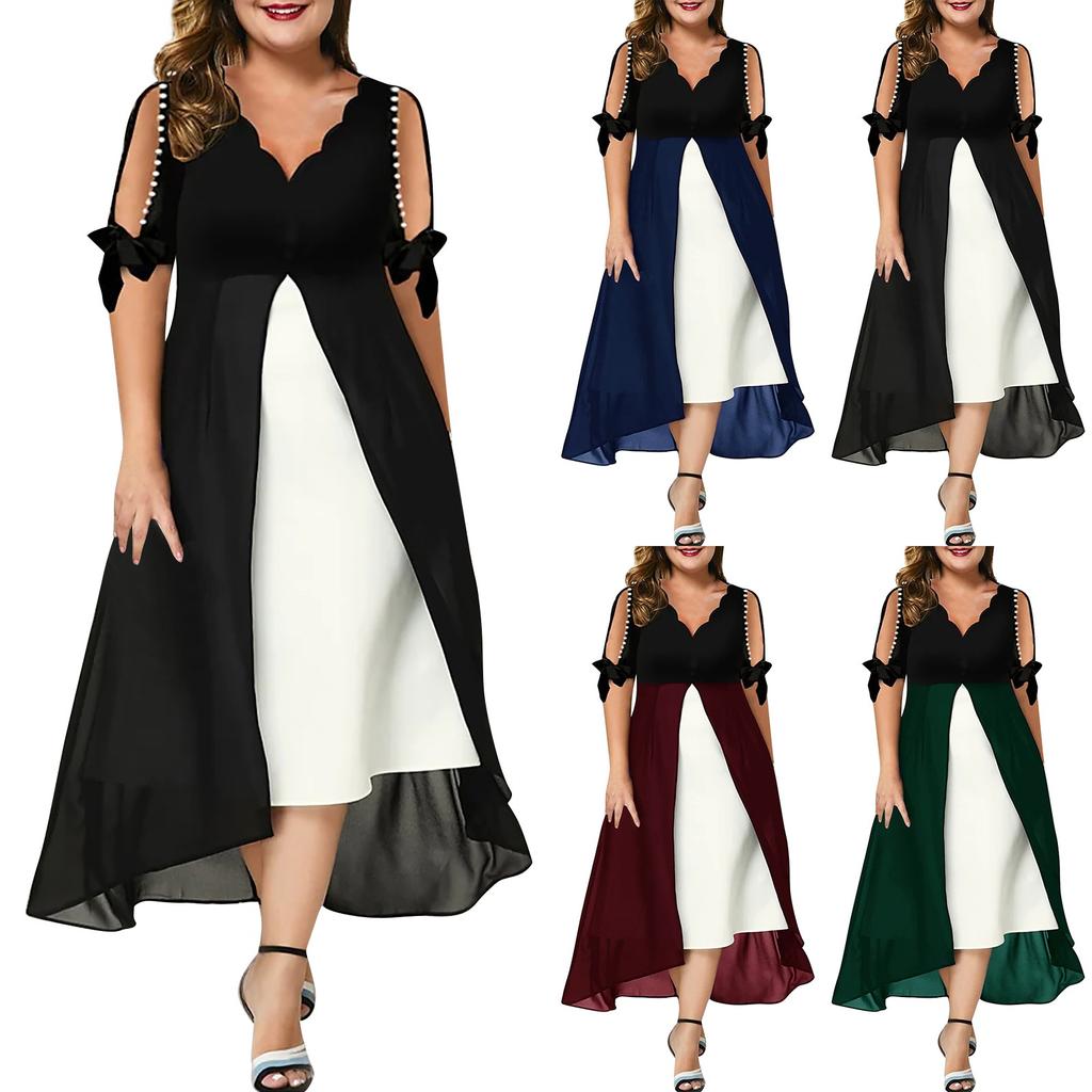 Women Plus Size 3/4 Sleeves V Neck Chiffon Panel Contrast Cocktail Semi Formal Play Dress