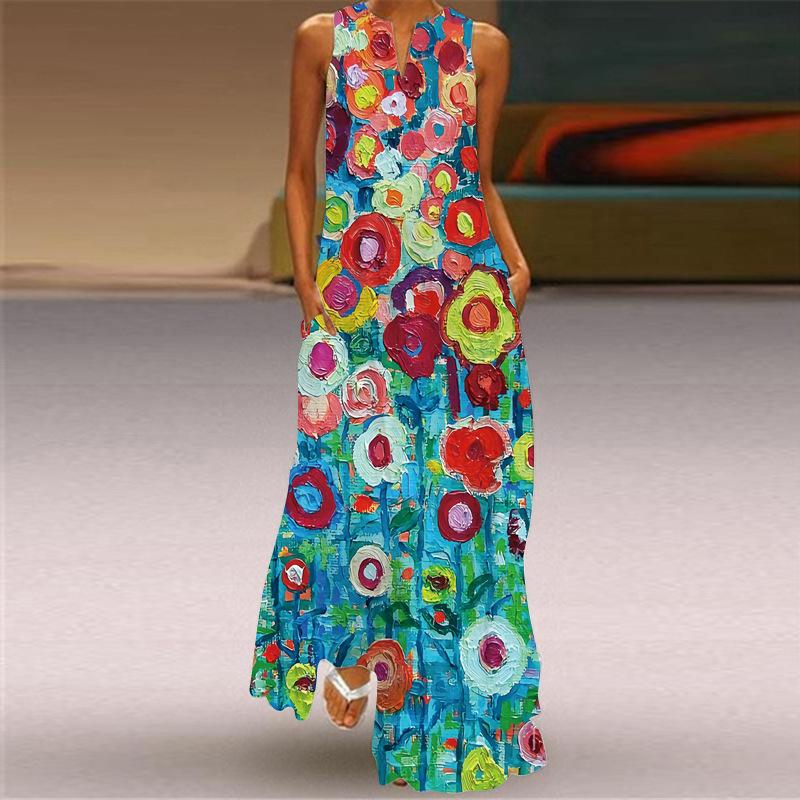 IHUASU Summer Spring Print Vintage Print Long Skirt V-neck Multi-color Sexy Sleeveless Dress