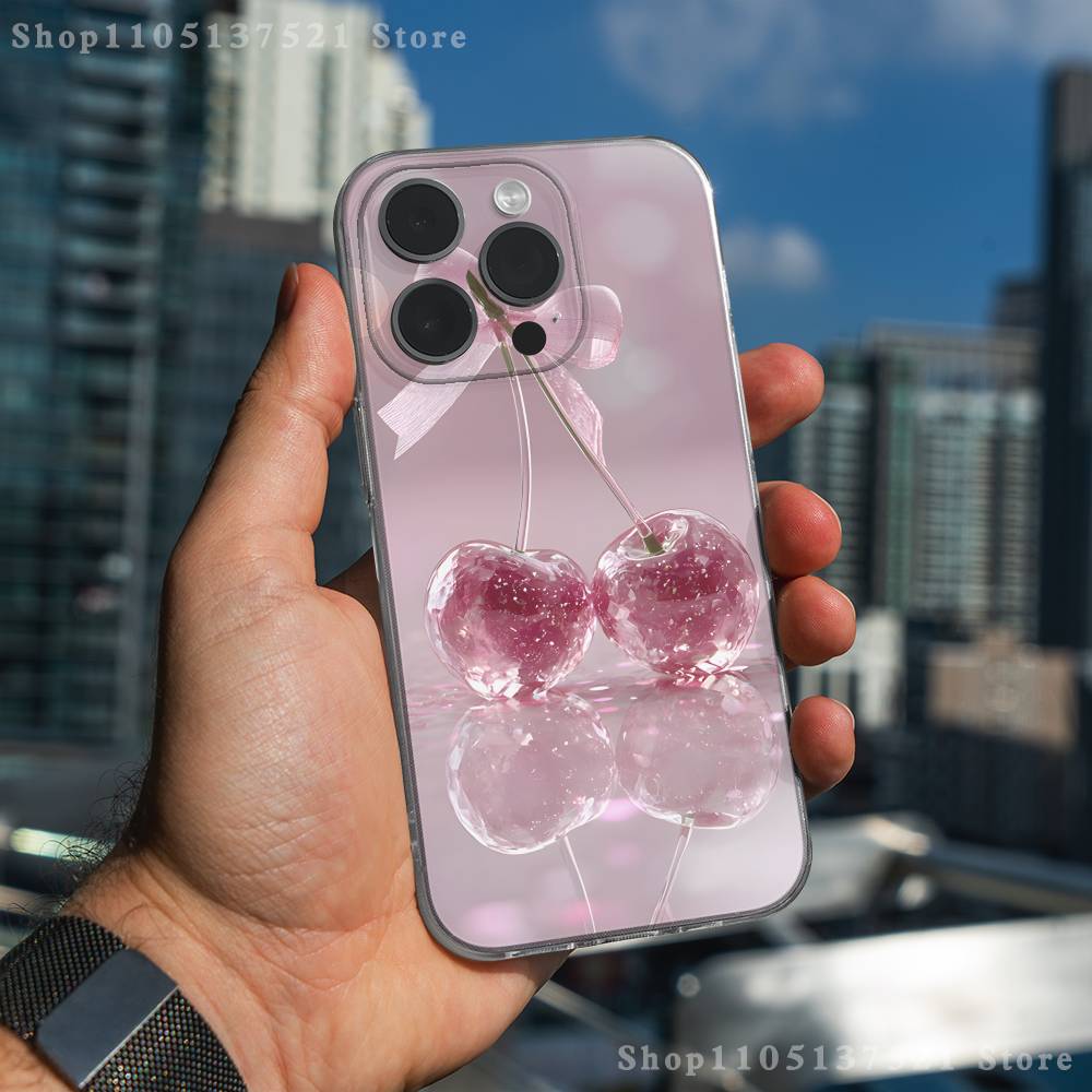 Crystal Cherry Phone Case For iPhone 17,16,15,14,13,12,11 Pro,Max,Plus,X,XS,XR,SE4,E Mini Transparent Soft Cover