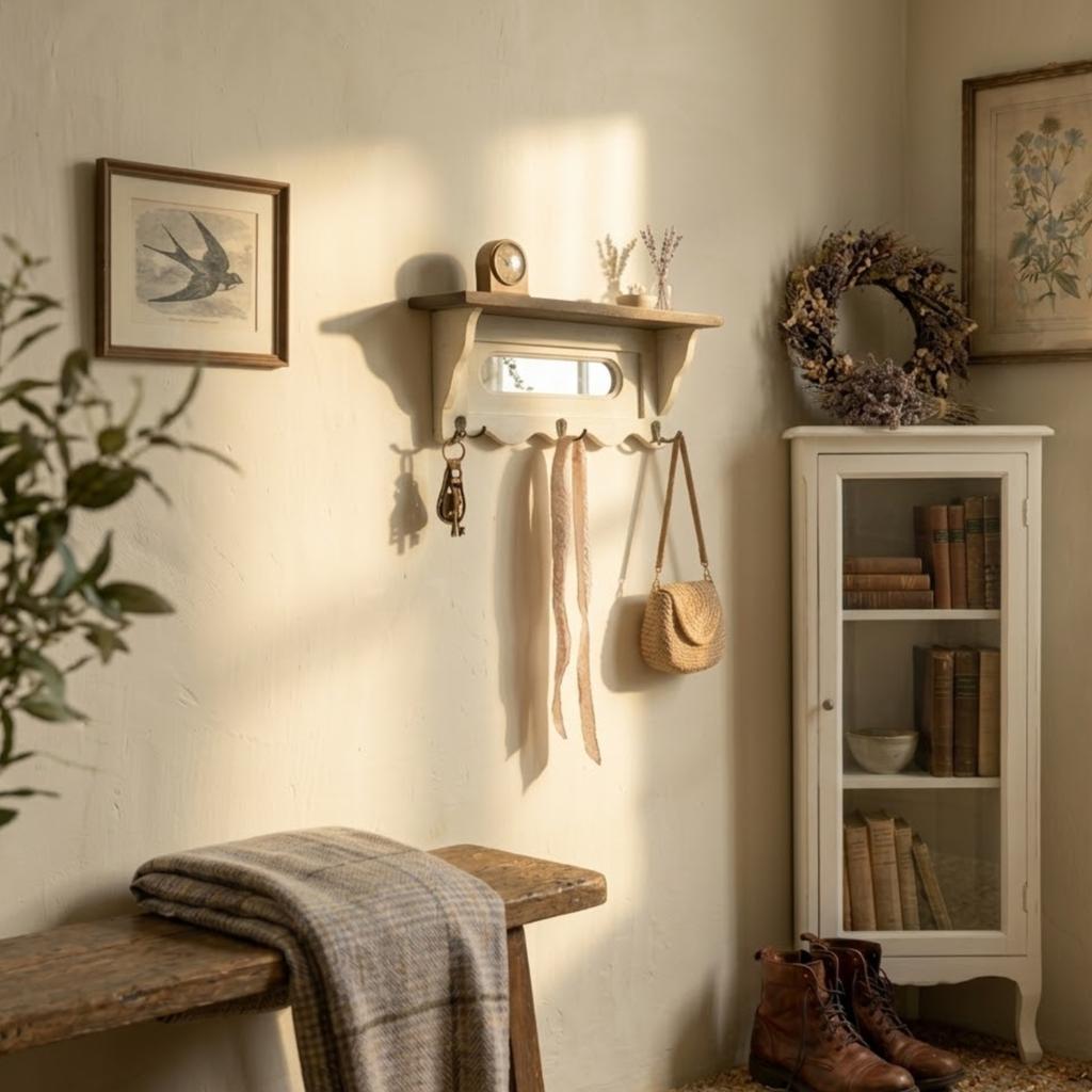 Charming wooden aged white coat rack with three hooks and a mirror