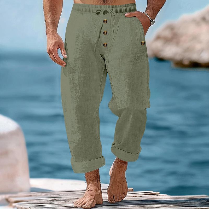 Men Solid White Linen Cropped Pants Elastic Drawstring Waist Buttons Cuffed Hem Beach Casual Trousers