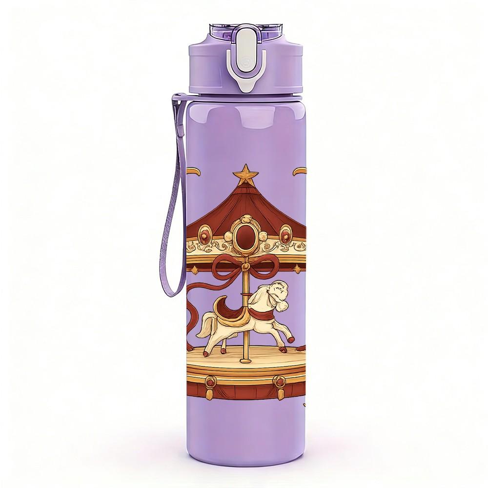 1PC Vintage Carousel Pattern 750ml Color Plastic Sports Water Bottle Leakproof Flip Straw Lid Suitable for Sports Office Home Use
