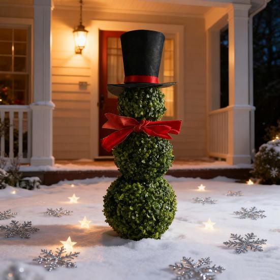 Yousheng Christmas Snowman Topiary Artificial Snowman Shaped Topiary Tree with Bow And Hat Outdoor Boxwood Topiary with Stake for Home Porch Decor